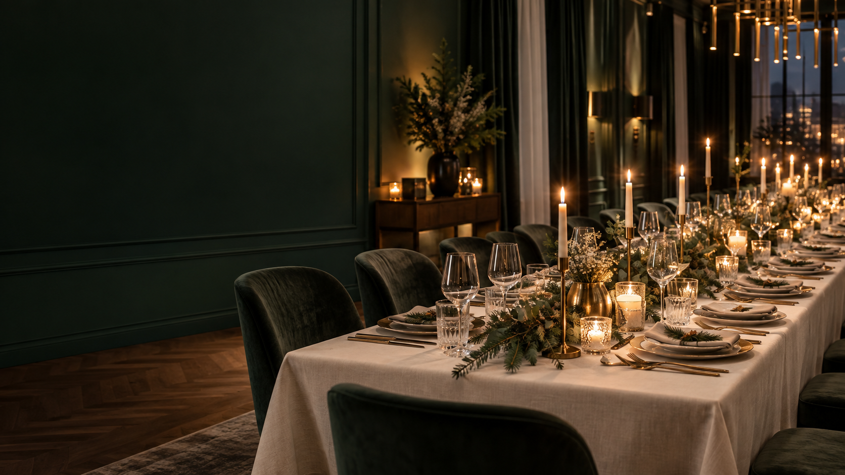 Festlich gedeckte Weihnachtstafel in Grün und Gold